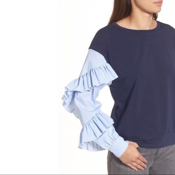 Halogen Striped Ruffle Poplin Sleeve Sweatshirt XS - Picture 3 of 8
